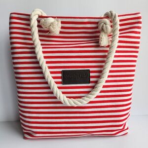 Threaded Pear Red and White Striped Canvas Tote Bag With Twisted Thread Straps